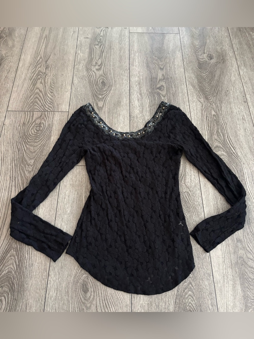 Free people Black Lace Long-Sleeve Top with Embellished Scoop Neck